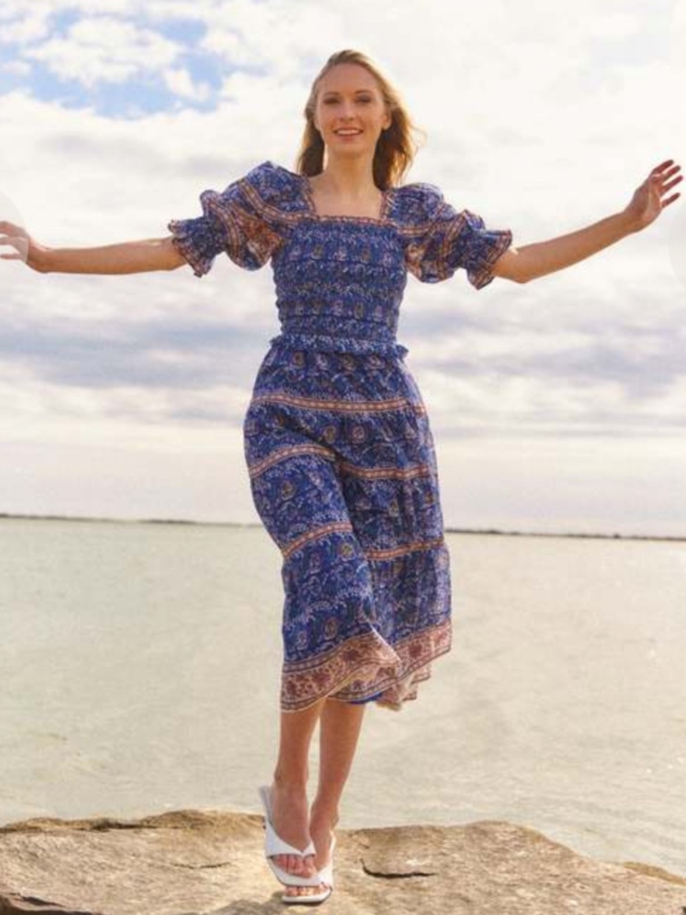Sea New York Rosita Puff Sleeve Smocked Dress Border Blue Size S Square Neck